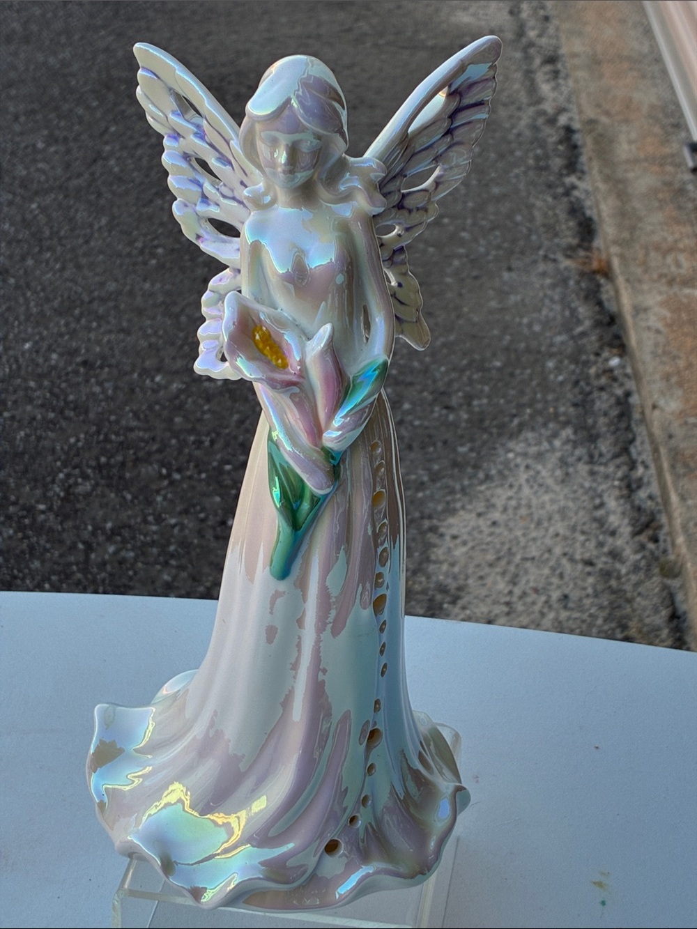 Iridescent White Angel Figurine Home Art - Decorative Ceramic Statue Light